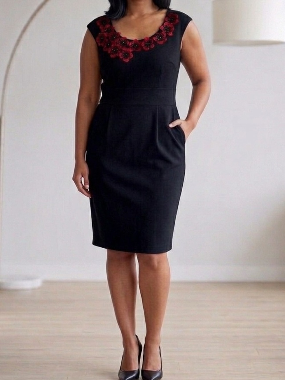Maggy London Black Sheath Dress - Size 14 - Red Floral Embroidered Neckline